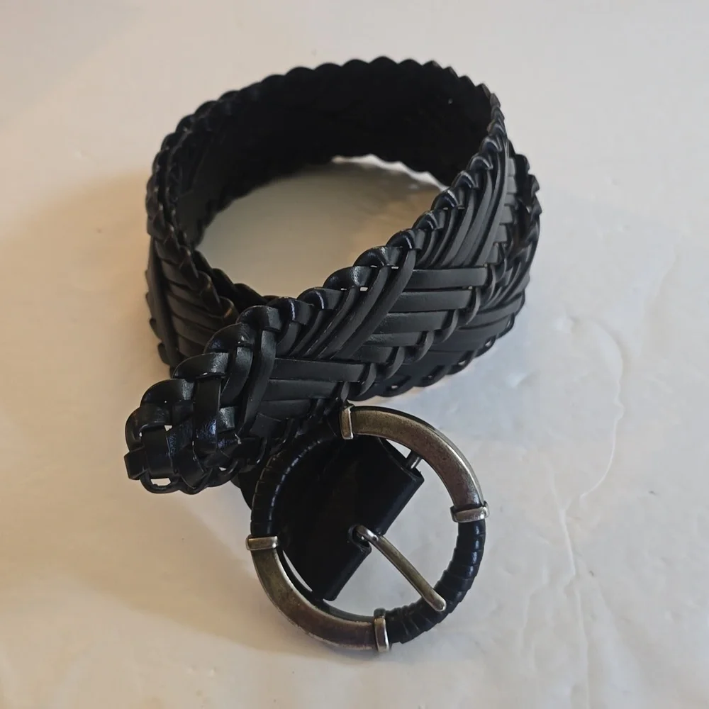 Faded Glory Mens Black leather Woven Silver Buckle Belt Vintage Sz.S/M